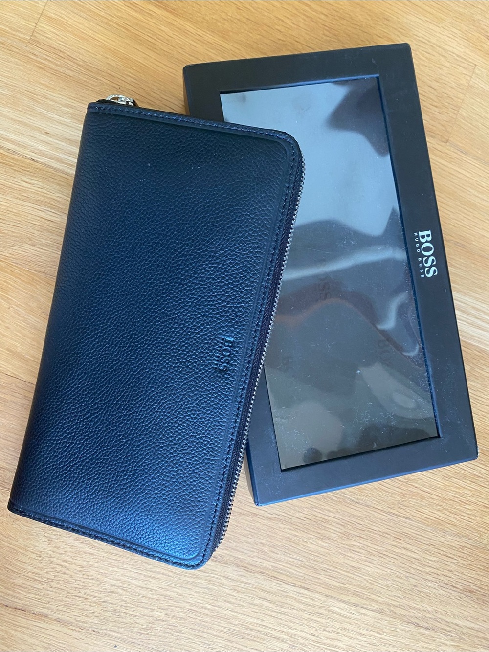 Boss Black Zip-Around Pebbled Leather Wallet